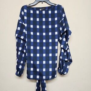 Banana‎ Republic XS Ruffle Sleeve Navy Check Plaid Tie Back Blouse Top